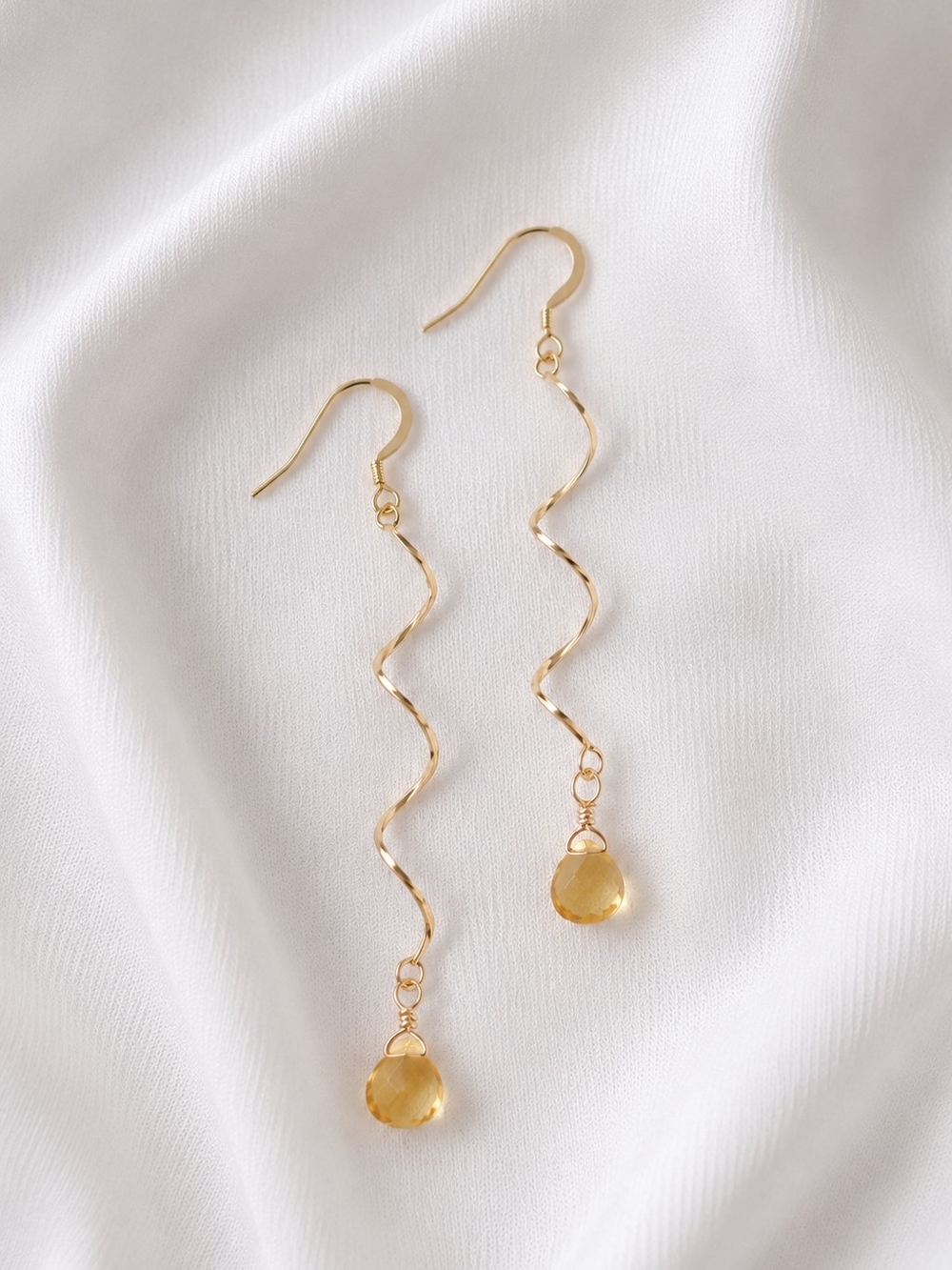 Gold Wavy Drop Earrings with Citrine Teardrops